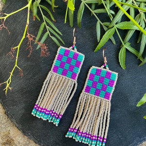 Pink and mint green earrings, abstract beaded earrings,Handwoven beaded earrings, long modern earrings, abstract earrings, fringe earrings image 4
