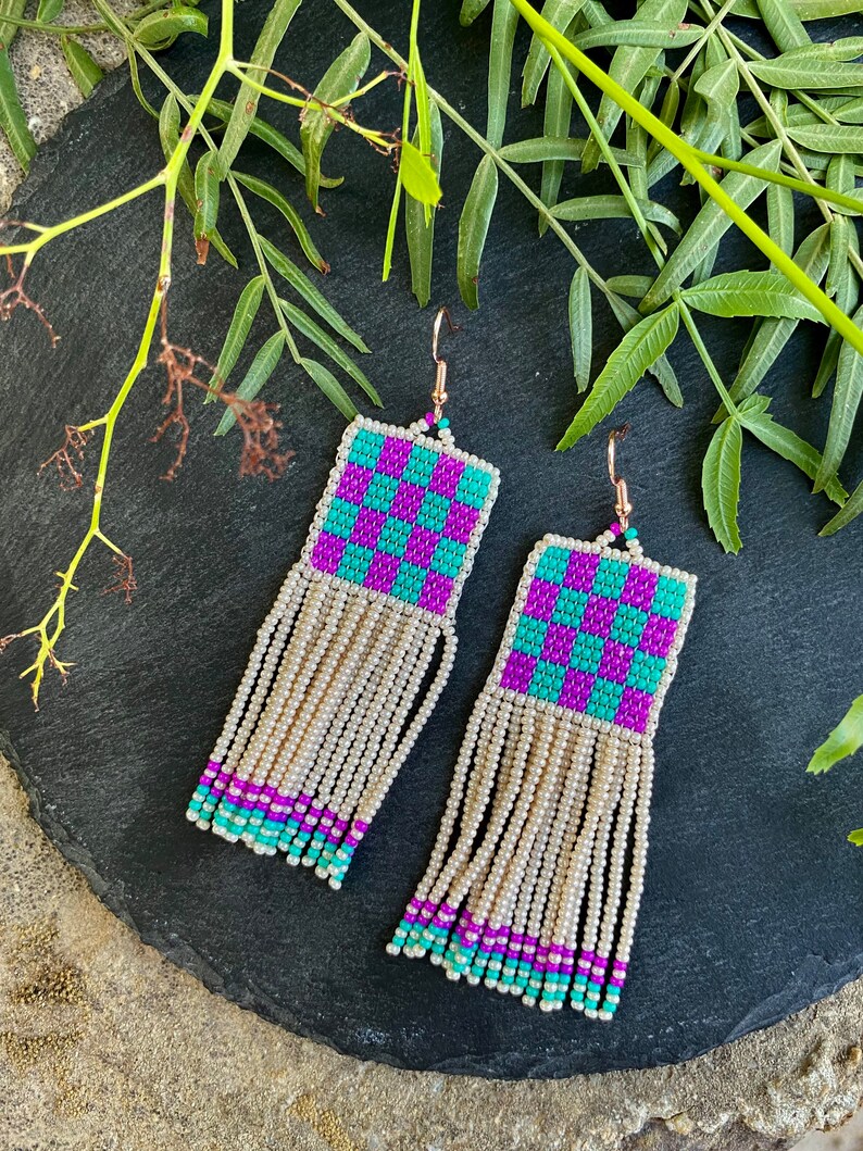 Pink and mint green earrings, abstract beaded earrings,Handwoven beaded earrings, long modern earrings, abstract earrings, fringe earrings image 4