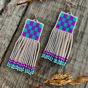Pink and mint green earrings, abstract beaded earrings,Handwoven beaded earrings, long modern earrings, abstract earrings, fringe earrings image 5