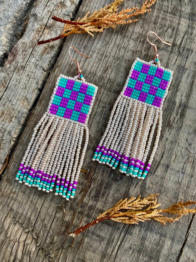 Pink and mint green earrings, abstract beaded earrings,Handwoven beaded earrings, long modern earrings, abstract earrings, fringe earrings image 5