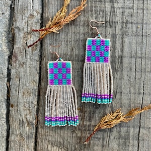 Pink and mint green earrings, abstract beaded earrings,Handwoven beaded earrings, long modern earrings, abstract earrings, fringe earrings image 1