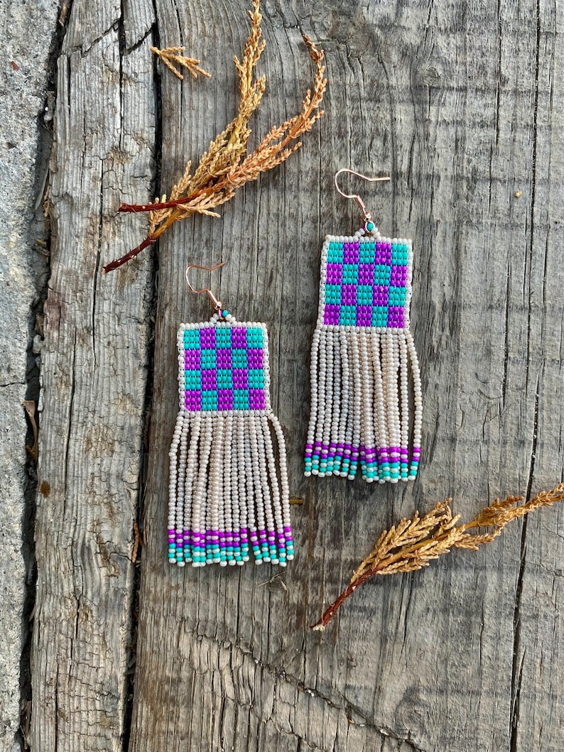 Pink and mint green earrings, abstract beaded earrings,Handwoven beaded earrings, long modern earrings, abstract earrings, fringe earrings image 1