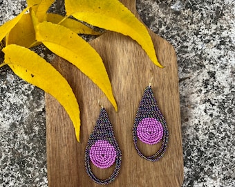 Shiny violet earrings, beadwork earrings, short fringe beaded earrings, Stylish earrings, Seed bead earrings,Boho earrings