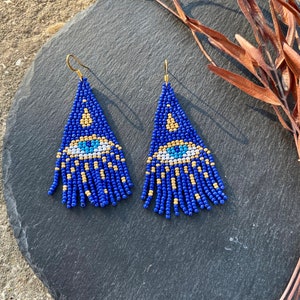 Blue evil eye beaded fringe earrings seed bead earrings dangle boho earrings chandelier earrings native bead earrings evening earrings image 2