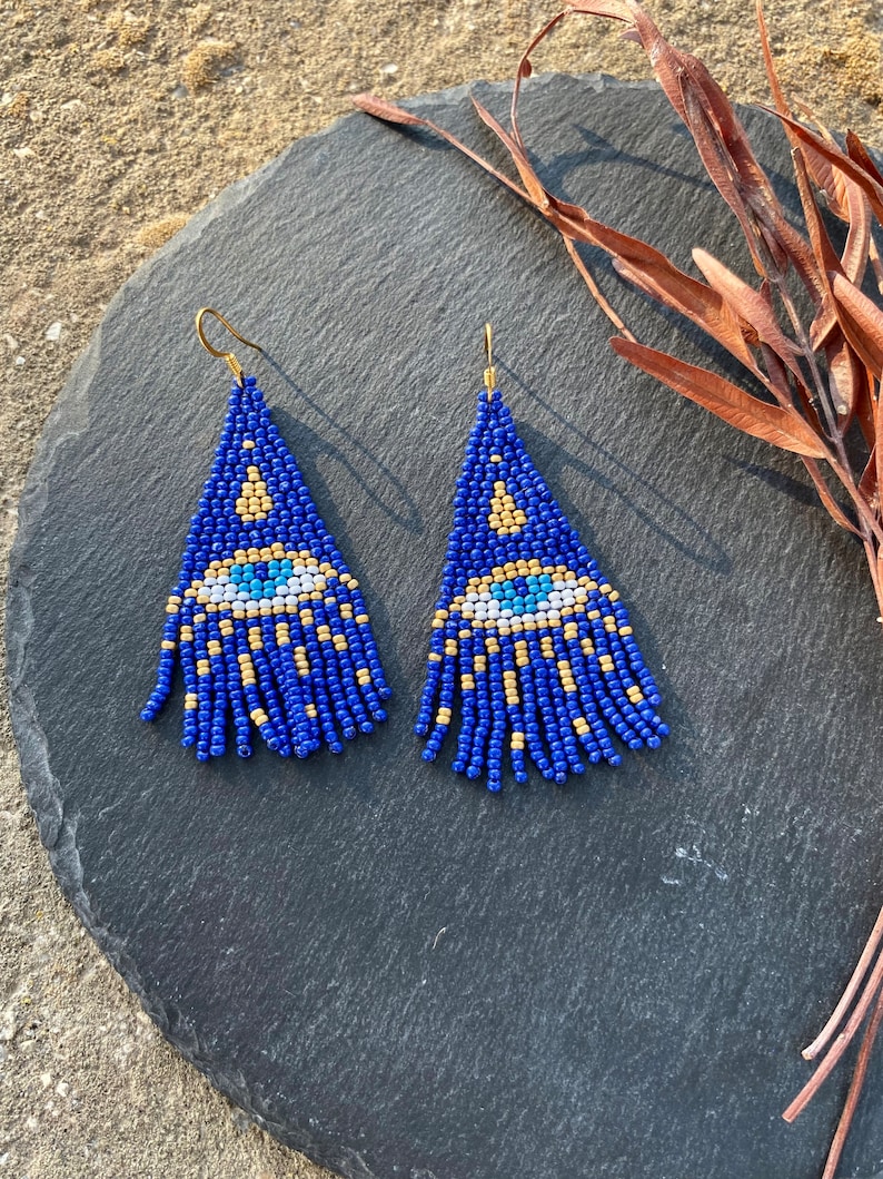 Blue evil eye beaded fringe earrings seed bead earrings dangle boho earrings chandelier earrings native bead earrings evening earrings image 2