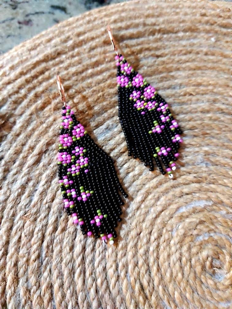 Small Black Floral Beaded Fringe Earrings Seed Bead Earrings