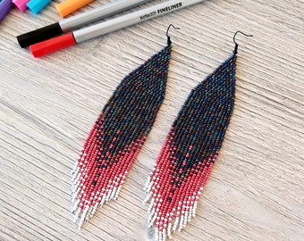 Shiny anthracite beaded fringe earrings, seed bead earrings dangle boho earrings native beaded earrings chandelier earrings colorful