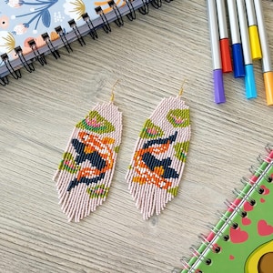 Koi fish beaded fringe earrings seed bead earrings dangle boho earrings chandelier earrings native beaded earrings colorful beaded