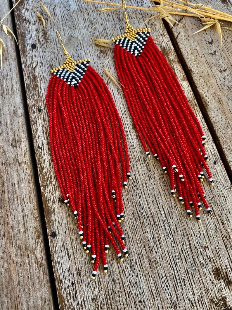 Extra Long Red Beaded Fringe Earrings Seed Bead Earrings Etsy