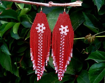 Long Beaded Earrings/ Red Snowflake Earring/Fringe/Seed Bead tassel/Christmas gift/statement earrings/Dangle Chandelier/festival jewelry