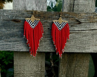 Red passion beaded fringe earrings, seed bead earrings dangle boho earrings native beaded earrings chandelier earrings bead earrings
