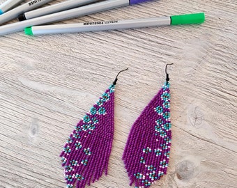 Violet Shiny Purple beaded fringe earrings, seed bead earrings, dangle boho earrings, chandelier earrings, native beaded earrings