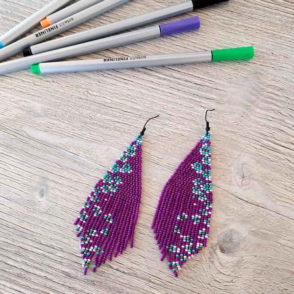 Violet Shiny Purple beaded fringe earrings, seed bead earrings, dangle boho earrings, chandelier earrings, native beaded earrings