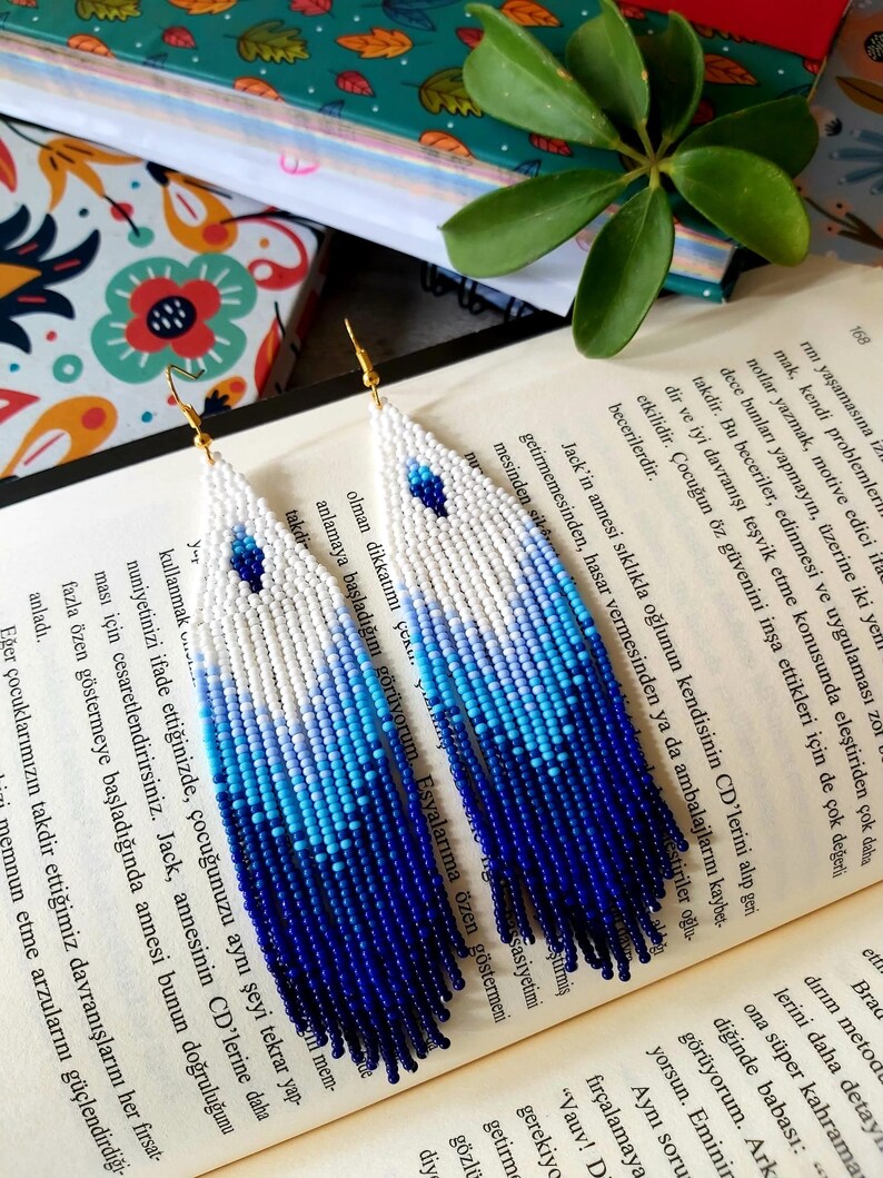 Night Blue Beaded Fringe Earrings, Seed Bead Earrings Ombre Earrings ...