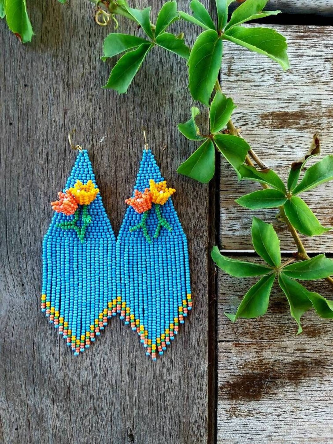 Floral Beaded Earrings Beaded Fringe Earrings Vintage Floral Etsy