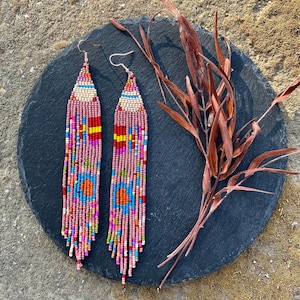Matte rose color earrings, extra long earrings, beaded fringe earrings,shoulder duster,monochrome,simple,minimalist,bohemian wedding