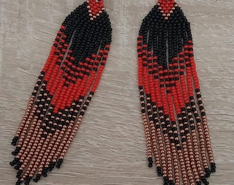 Red Black Beaded Earrings/Handmade/Red Black Stylish Earrings/Fringy earrings/Seed Beaded tassel/gift earrings/statement earrings
