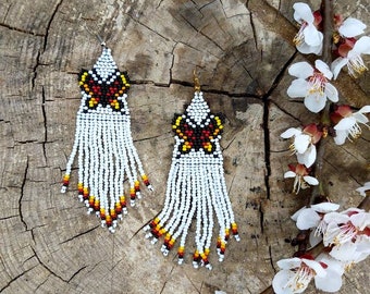 King butterfly beaded fringe earrings seed bead earrings dangle boho earrings chandelier earrings native beaded earrings colorful earrings
