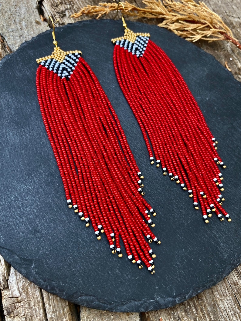 Extra Long Red Beaded Fringe Earrings Seed Bead Earrings Etsy