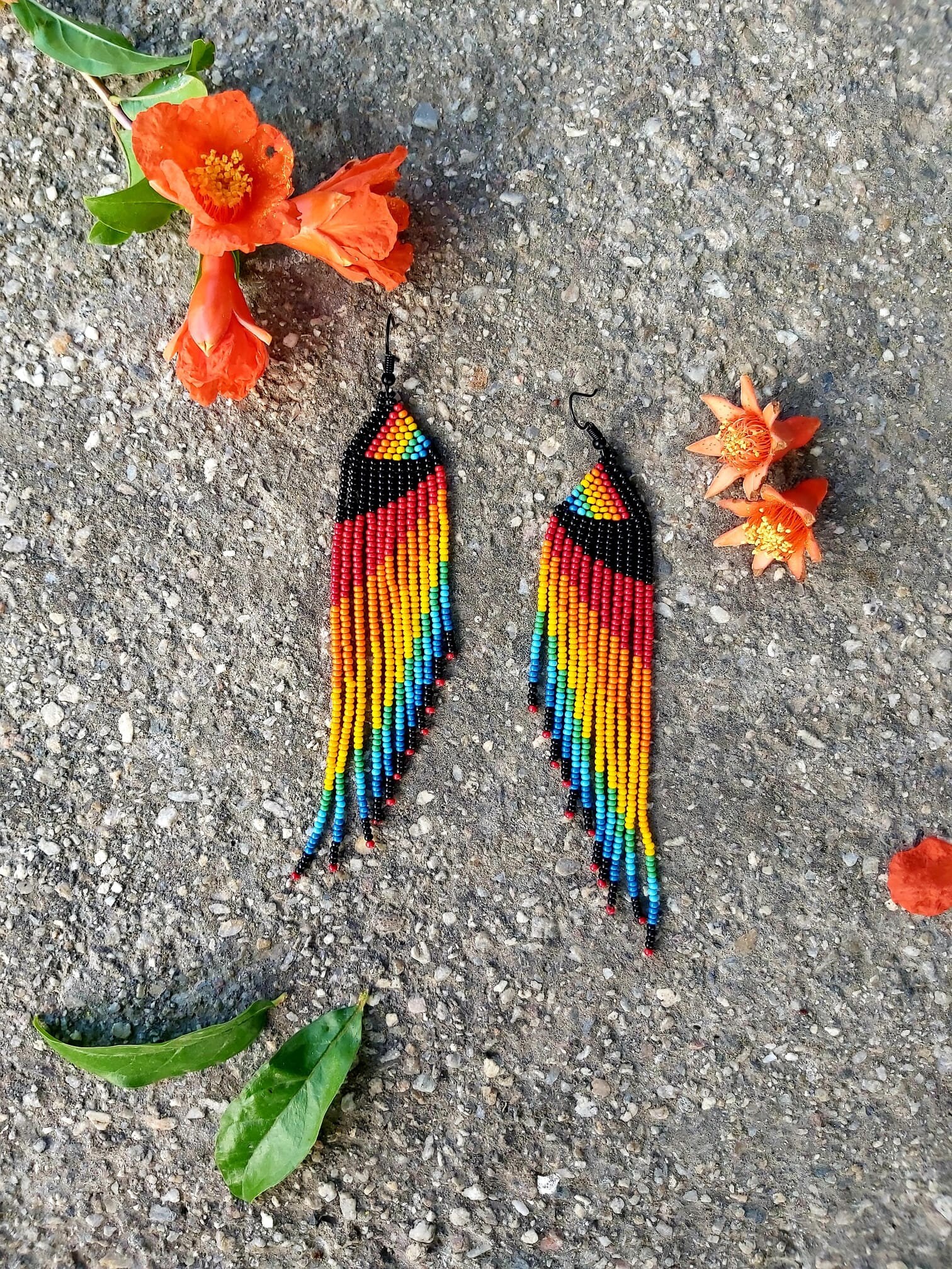 Rainbow Long Beaded Fringe Earrings Seed Bead Earrings Dangle Boho ...