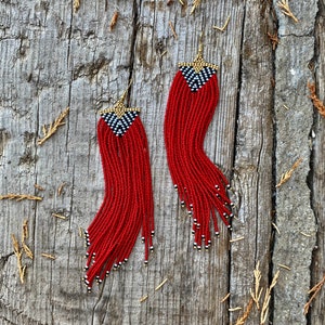 Extra long red beaded fringe earrings, seed bead earrings dangle boho earrings native beaded earrings chandelier earrings colorful earrings