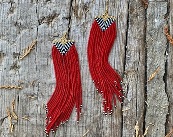 Extra long red beaded fringe earrings, seed bead earrings dangle boho earrings native beaded earrings chandelier earrings bead earrings