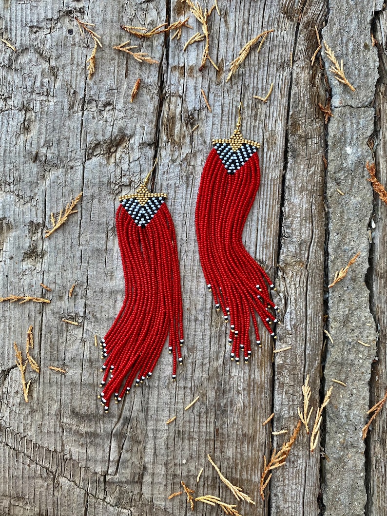 Extra Long Red Beaded Fringe Earrings Seed Bead Earrings Etsy