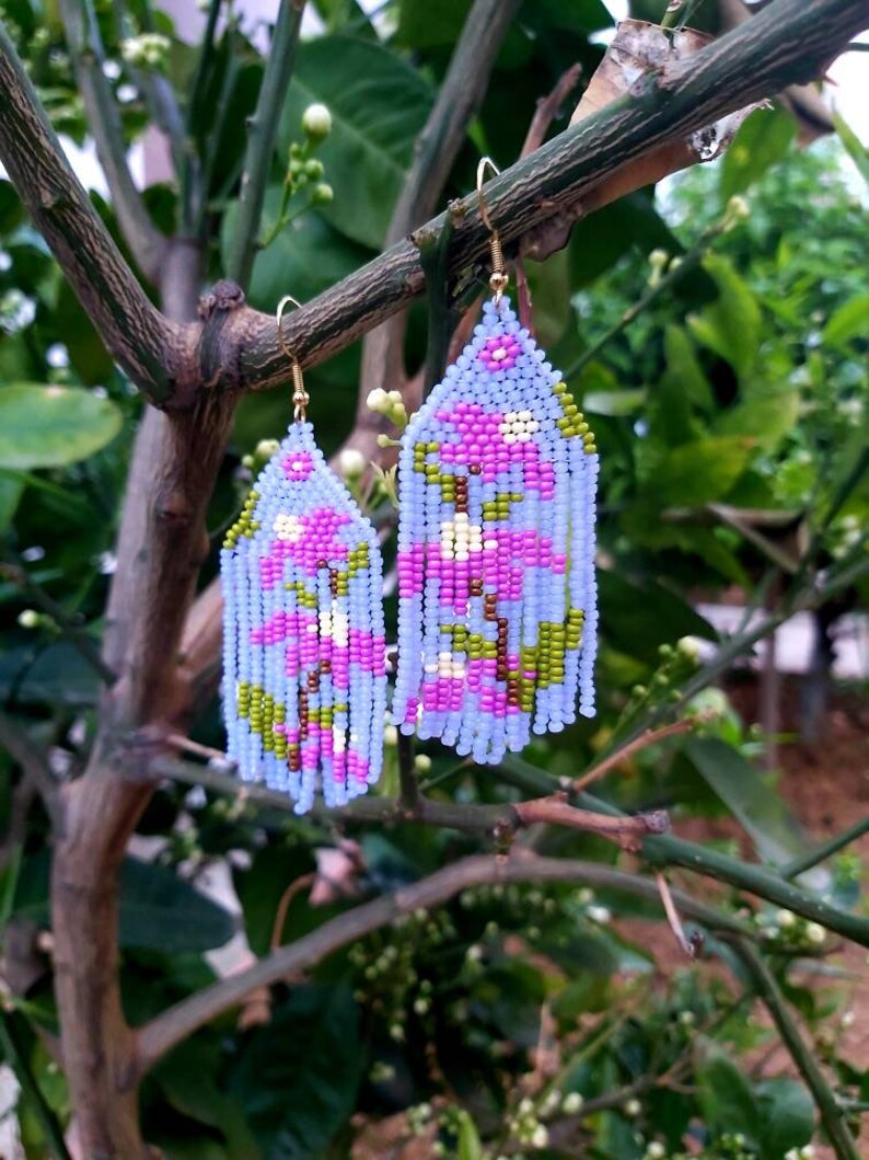 Pink Floral Beaded Fringe Earrings Seed Bead Earrings Dangle Boho ...