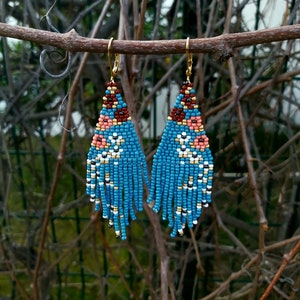 Small turquoise floral beaded fringe earrings seed bead earrings dangle boho earrings chandelier earrings native bead earrings colorful