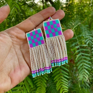 Pink and mint green earrings, abstract beaded earrings,Handwoven beaded earrings, long modern earrings, abstract earrings, fringe earrings image 3