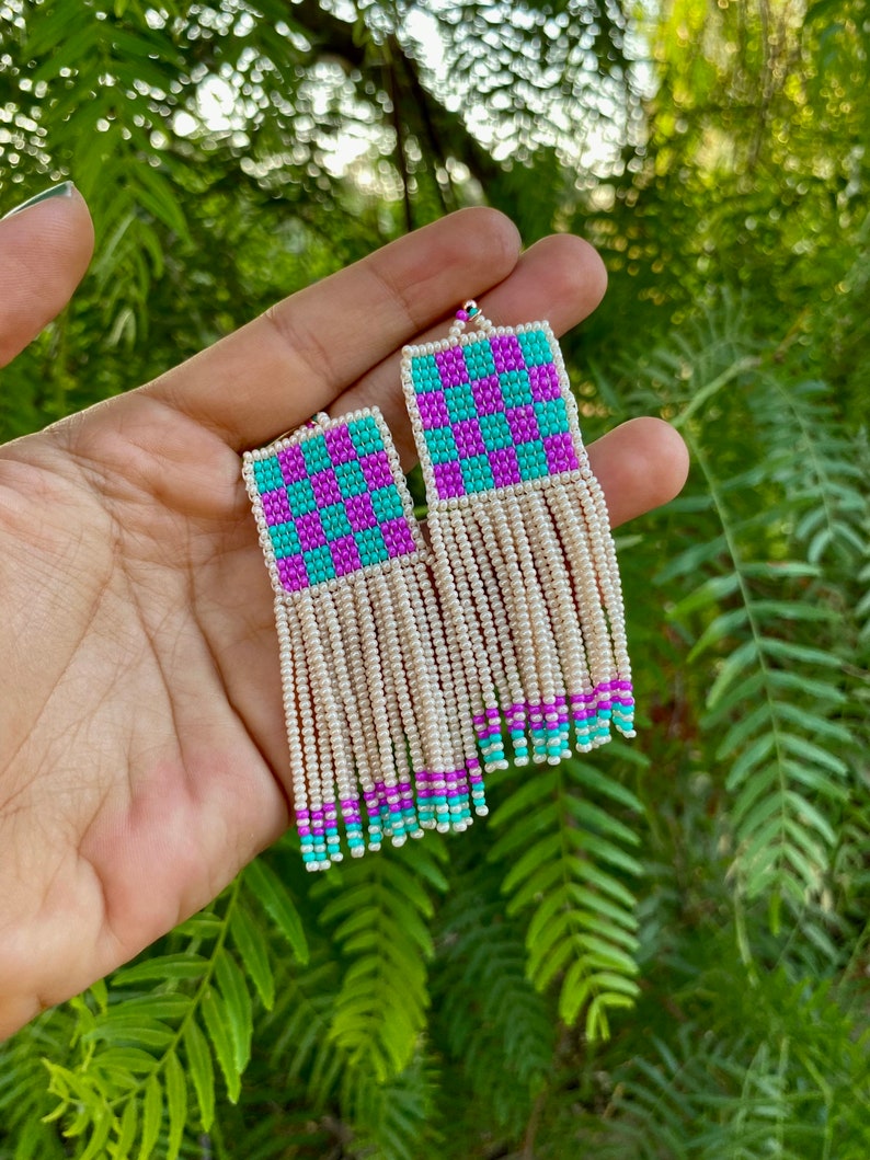 Pink and mint green earrings, abstract beaded earrings,Handwoven beaded earrings, long modern earrings, abstract earrings, fringe earrings image 3