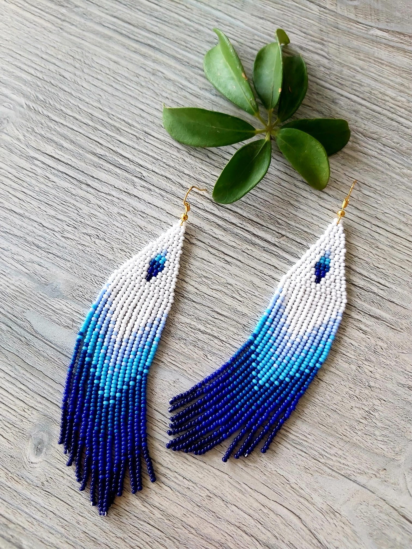 Night Blue Beaded Fringe Earrings, Seed Bead Earrings Ombre Earrings ...