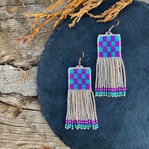 Pink and mint green earrings, abstract beaded earrings,Handwoven beaded earrings, long modern earrings, abstract earrings, fringe earrings image 2