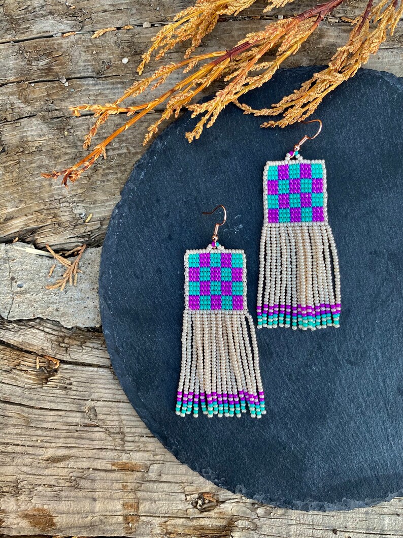 Pink and mint green earrings, abstract beaded earrings,Handwoven beaded earrings, long modern earrings, abstract earrings, fringe earrings image 2