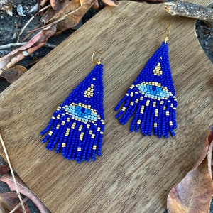 Blue evil eye beaded fringe earrings seed bead earrings dangle boho earrings chandelier earrings native bead earrings evening earrings image 4