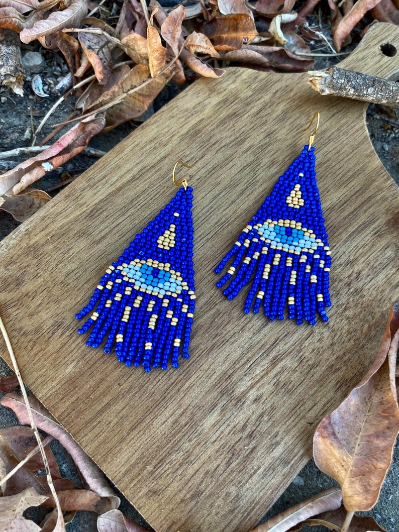 Blue evil eye beaded fringe earrings seed bead earrings dangle boho earrings chandelier earrings native bead earrings evening earrings image 4