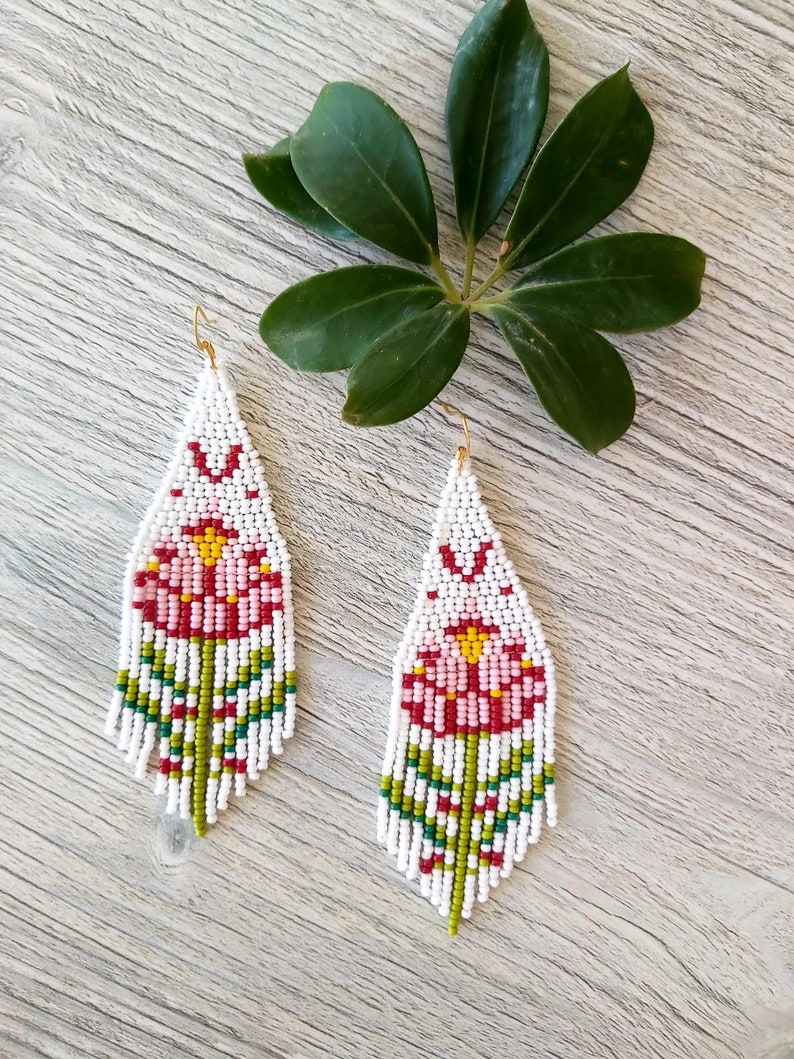 Pink Tulip Beaded Fringe Earrings Seed Bead Earrings Dangle Boho ...