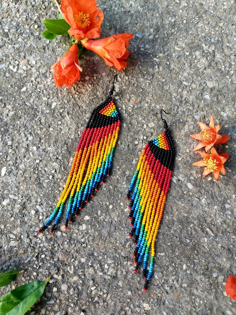 Rainbow Long Beaded Fringe Earrings Seed Bead Earrings Dangle Boho ...