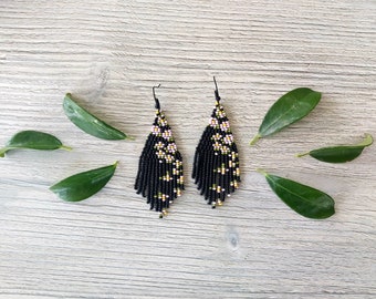 Black floral beaded fringe earrings seed bead earrings dangle boho earrings chandelier earrings native bead earrings colorful earrings