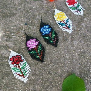 Colorful rose beaded fringe earrings seed bead earrings dangle boho earrings chandelier earrings native beaded earrings colorful earrings