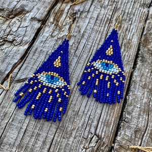 Blue evil eye beaded fringe earrings seed bead earrings dangle boho earrings chandelier earrings native bead earrings evening earrings image 3