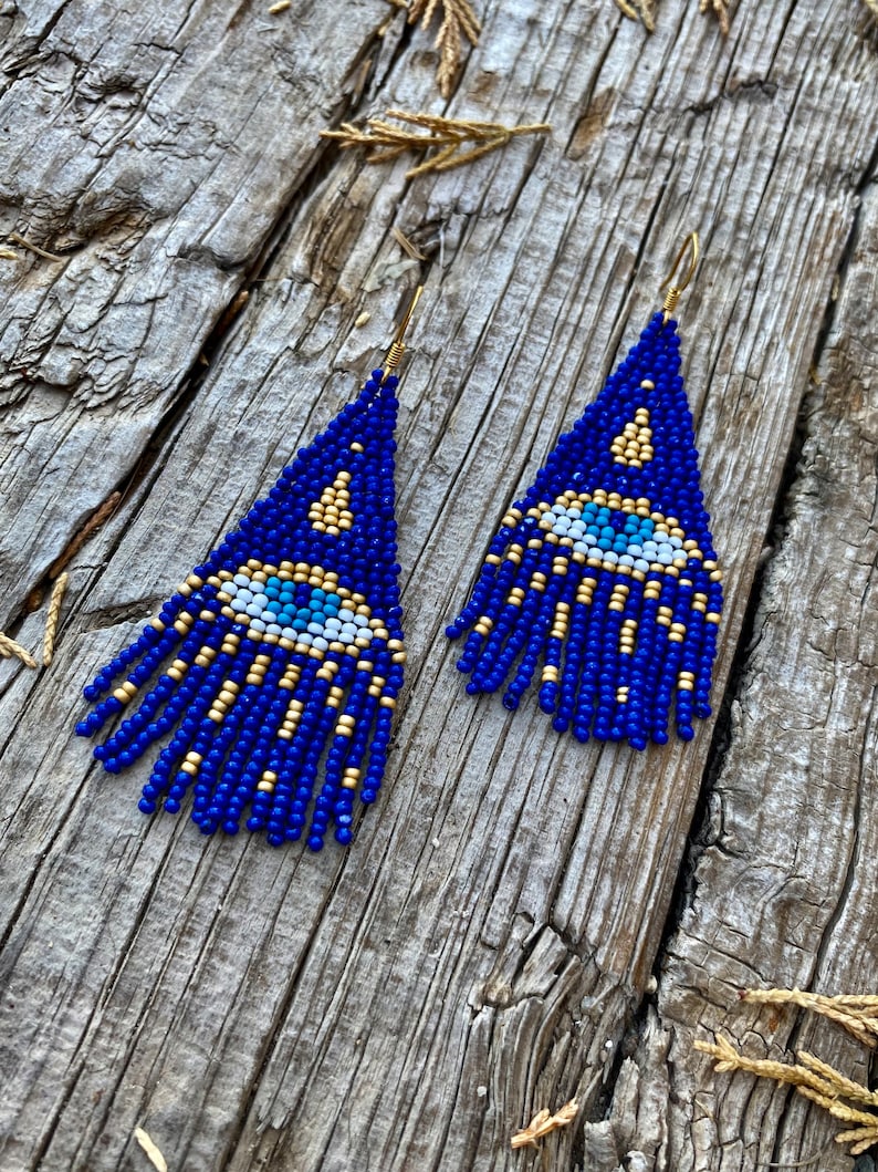 Blue evil eye beaded fringe earrings seed bead earrings dangle boho earrings chandelier earrings native bead earrings evening earrings image 3