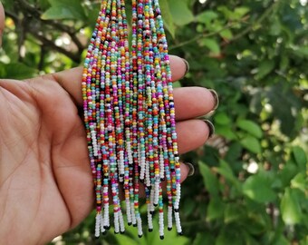 Duble mixed colors long beaded fringe earrings, ombre earrings seed bead earrings dangle boho earrings native beaded earrings chandelier