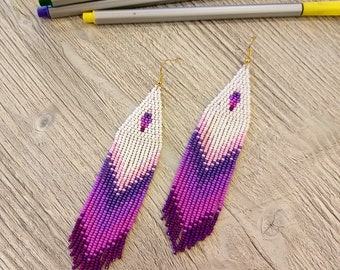 Violet purple beaded fringe earrings, seed bead earrings ombre earrings boho earrings native beaded earrings chandelier earrings colorful