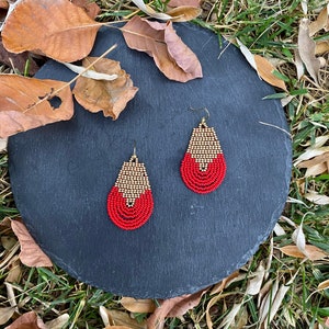 Red and gold beaded earrings Geometric Fringe earrings small beaded earrings Pearl Seed bead earrings Beadwork dangle Boho earrings