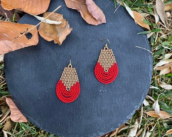 Red and gold beaded earrings Geometric Fringe earrings small beaded earrings Pearl Seed bead earrings Beadwork dangle Boho earrings
