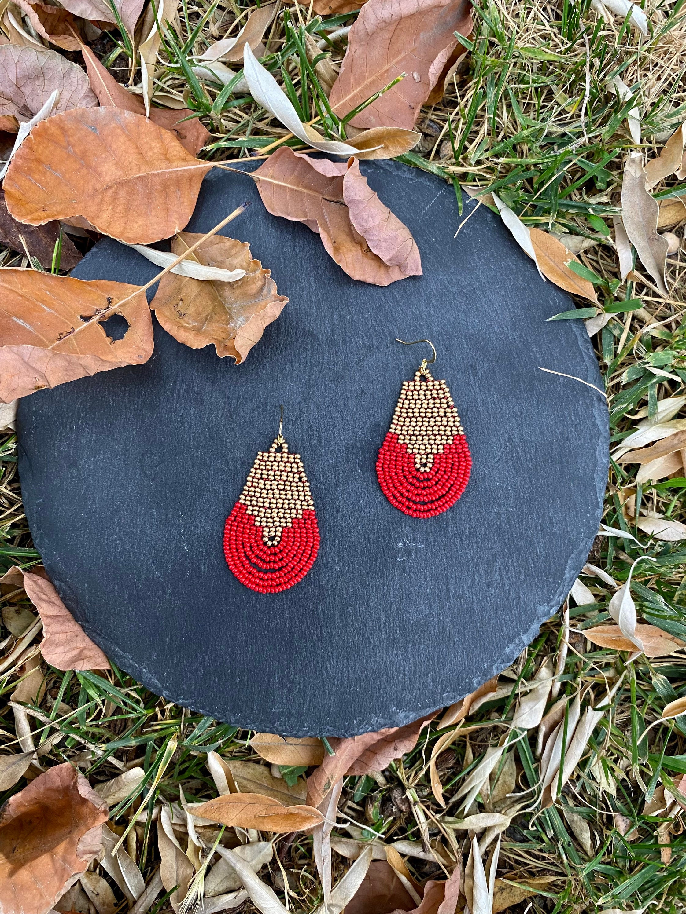 Red and gold beaded earrings Geometric Fringe earrings small beaded earrings Pearl Seed bead earrings Beadwork dangle Boho earrings