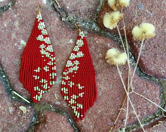 Red floral beaded fringe earrings seed bead earrings dangle boho earrings chandelier earrings native beaded earrings colorful earrings