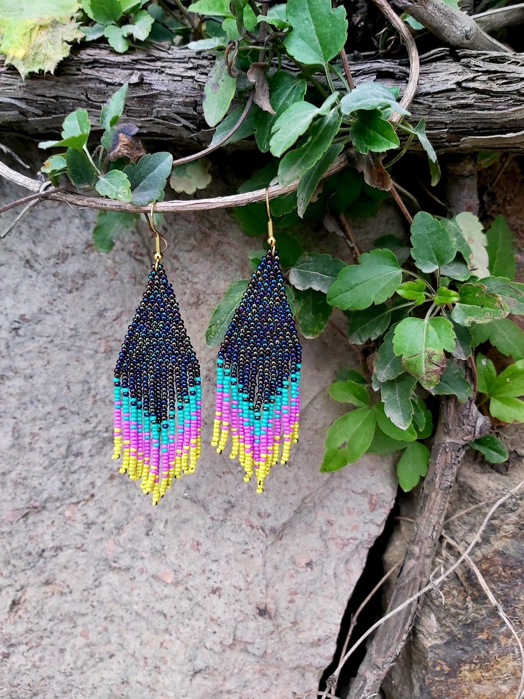 Pink Yellow Beaded Fringe Earrings Seed Bead Earrings Dangle Boho ...
