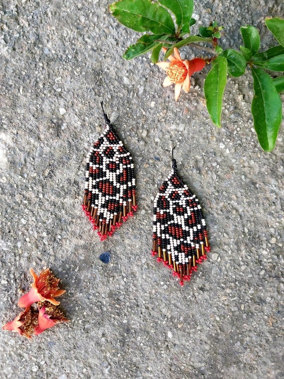 Leopard Beaded Fringe Earrings Chandelier Earrings Seed Bead Etsy